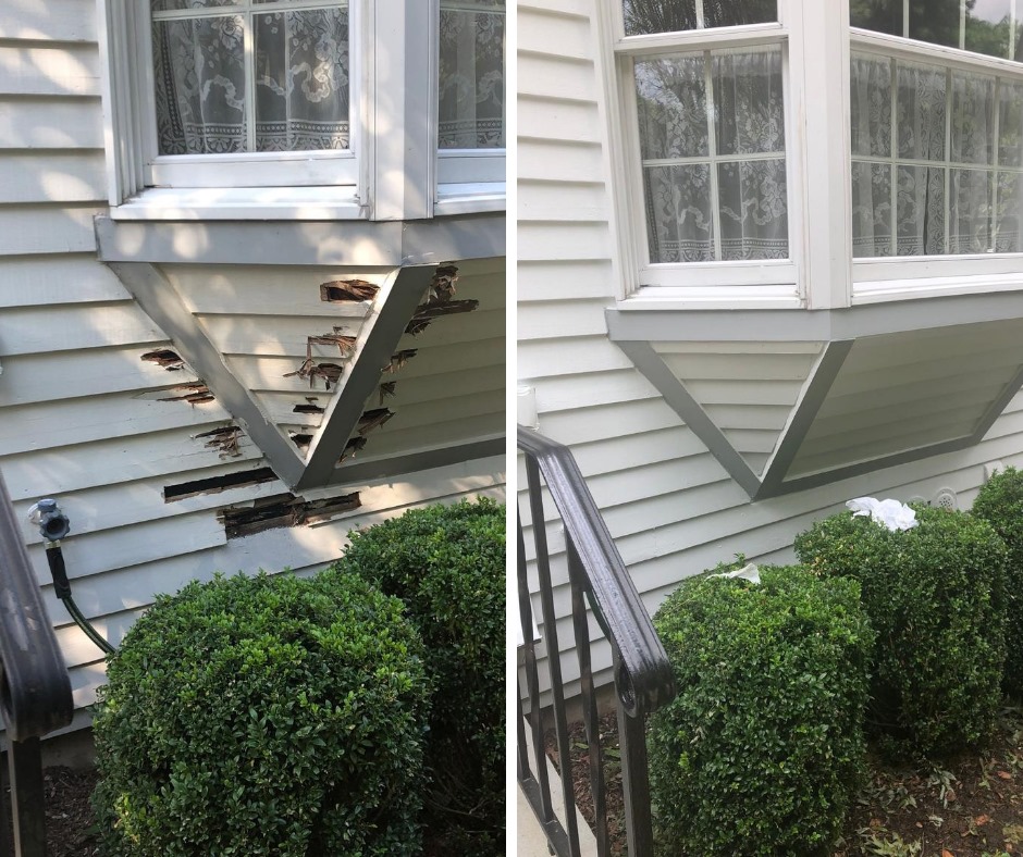 two photos side by side. the left photo shows damaged wood under a window and the right photo shows the repaired window wood, freshly painted with grey and white