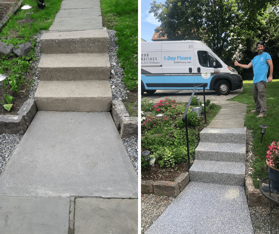 two photos showing a before and after concrete floor coating on outdoor walkway